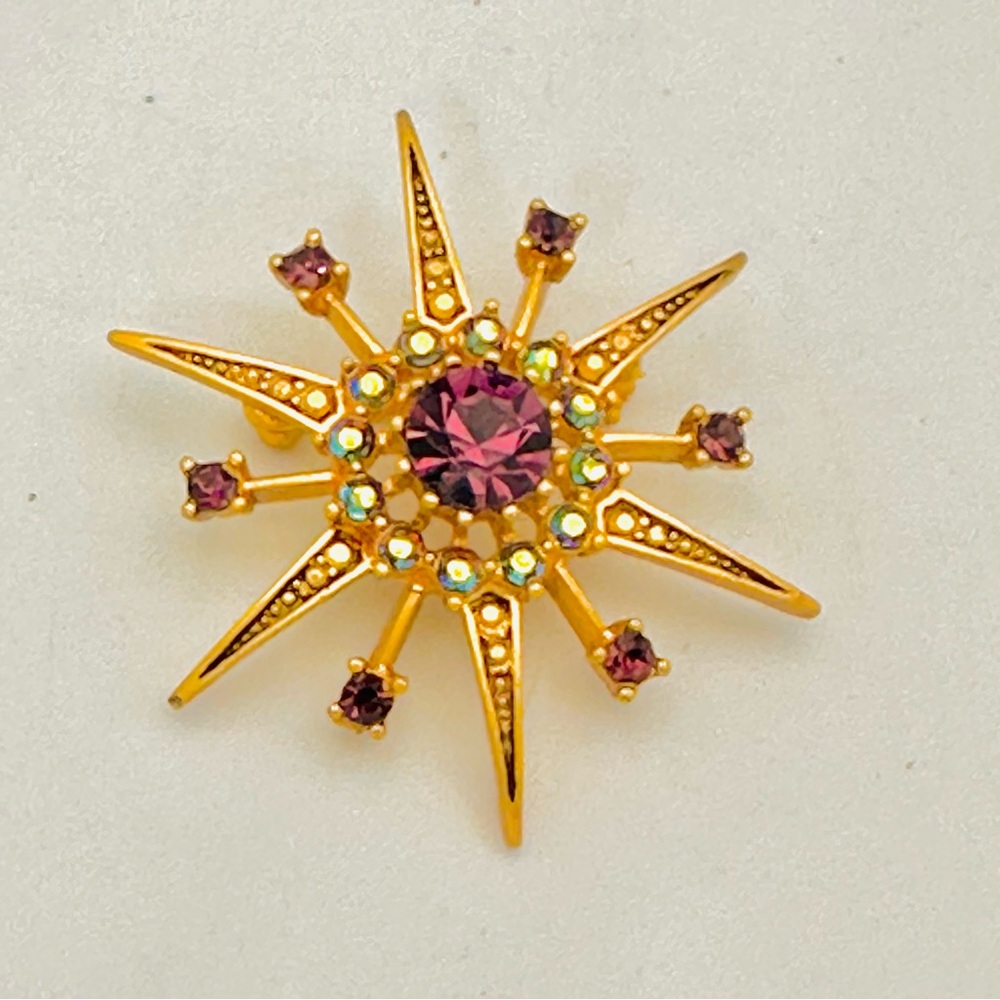 Goldtone Sunburst Amethyst Color Crystal Brooch - Picture 3 of 7